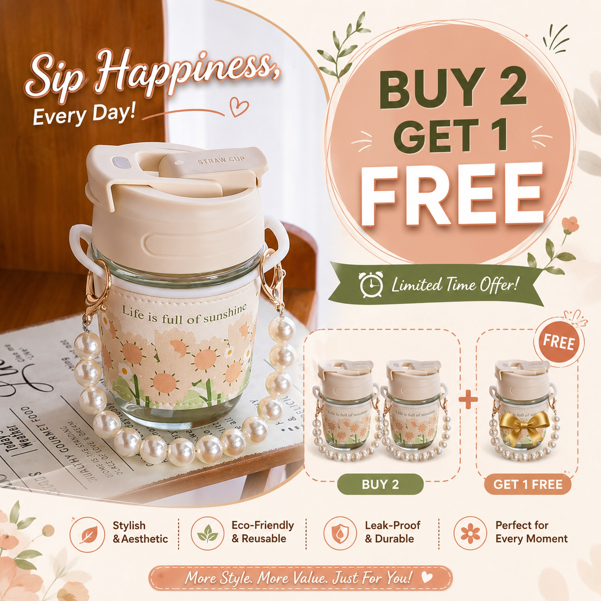 Elegant Bottle By HappyMonk with Straw